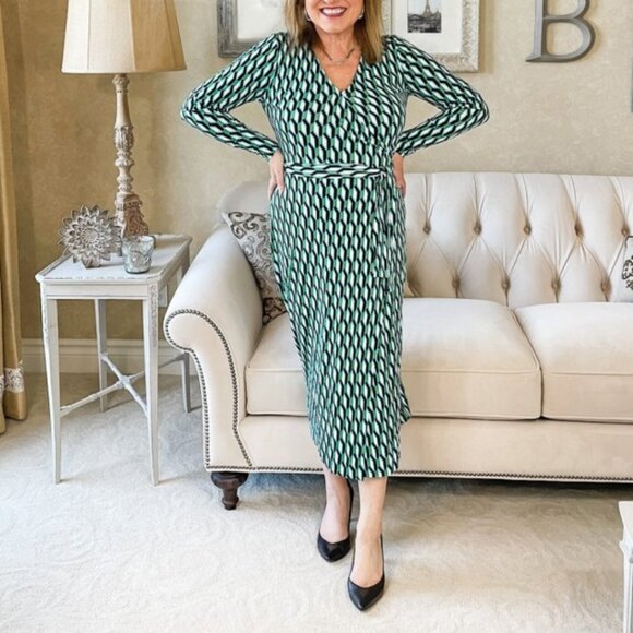 Women's Long Sleeve Midi Arrow Geo Green Wrap Dress - DVF for Target XXS - Picture 3 of 10